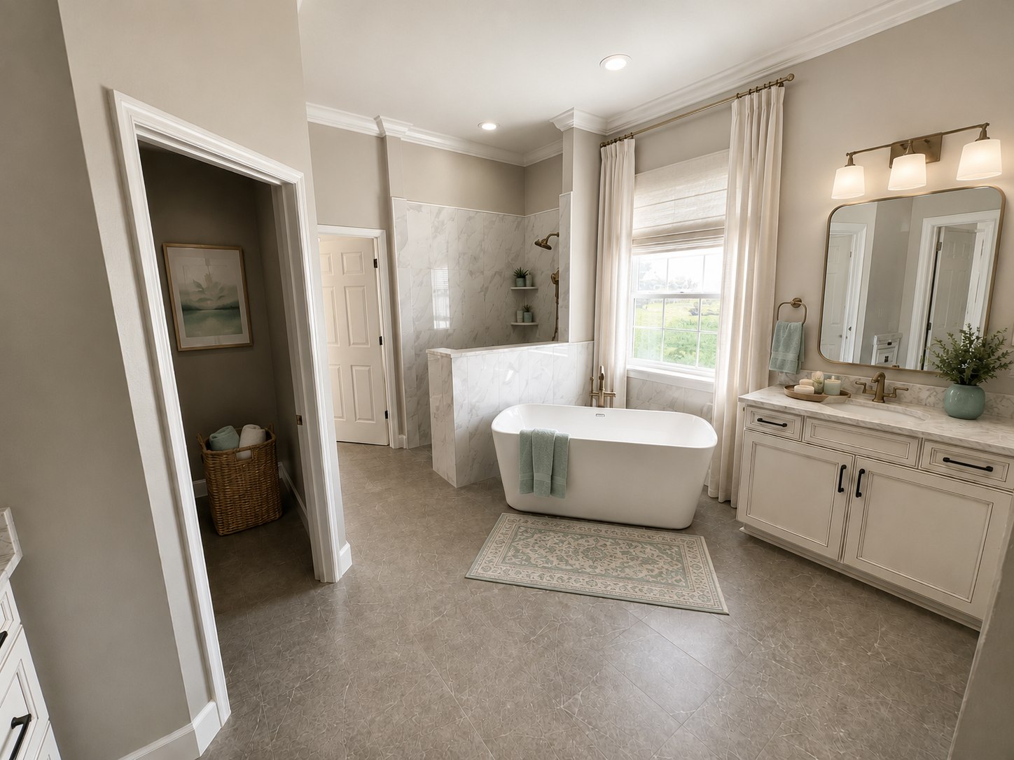 Luxury tiled bathroom with freestanding tub and walk-in shower in Orlando