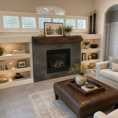 Custom charcoal tile fireplace surround with wood mantel and built-in shelves in an Orlando living room