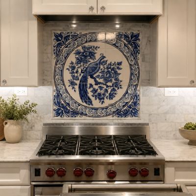 Custom blue peacock tile backsplash above a kitchen range in Orlando